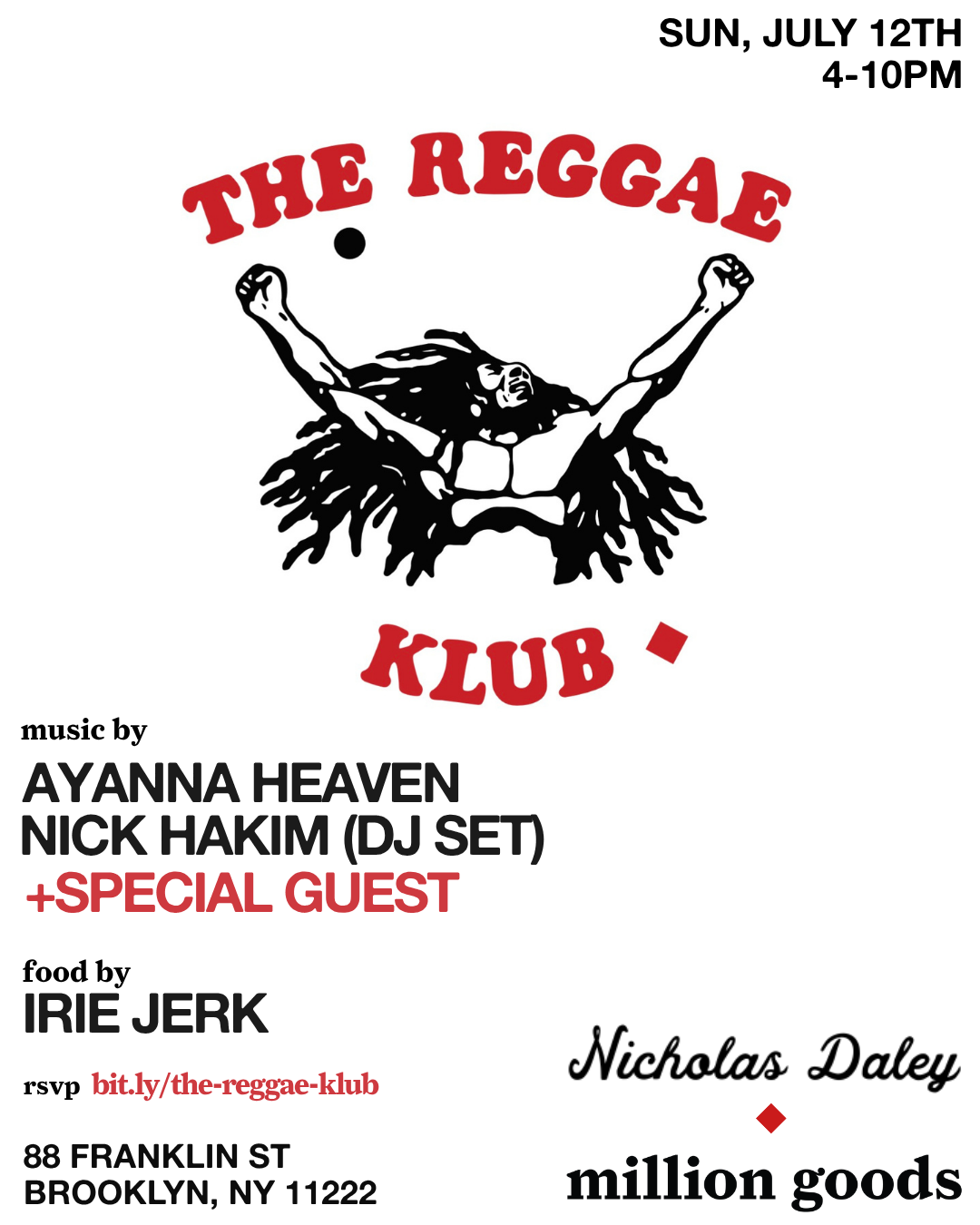 nicholas daley x million goods: the reggae klub w/ ayanna heaven, nick hakim (dj set) + special guest