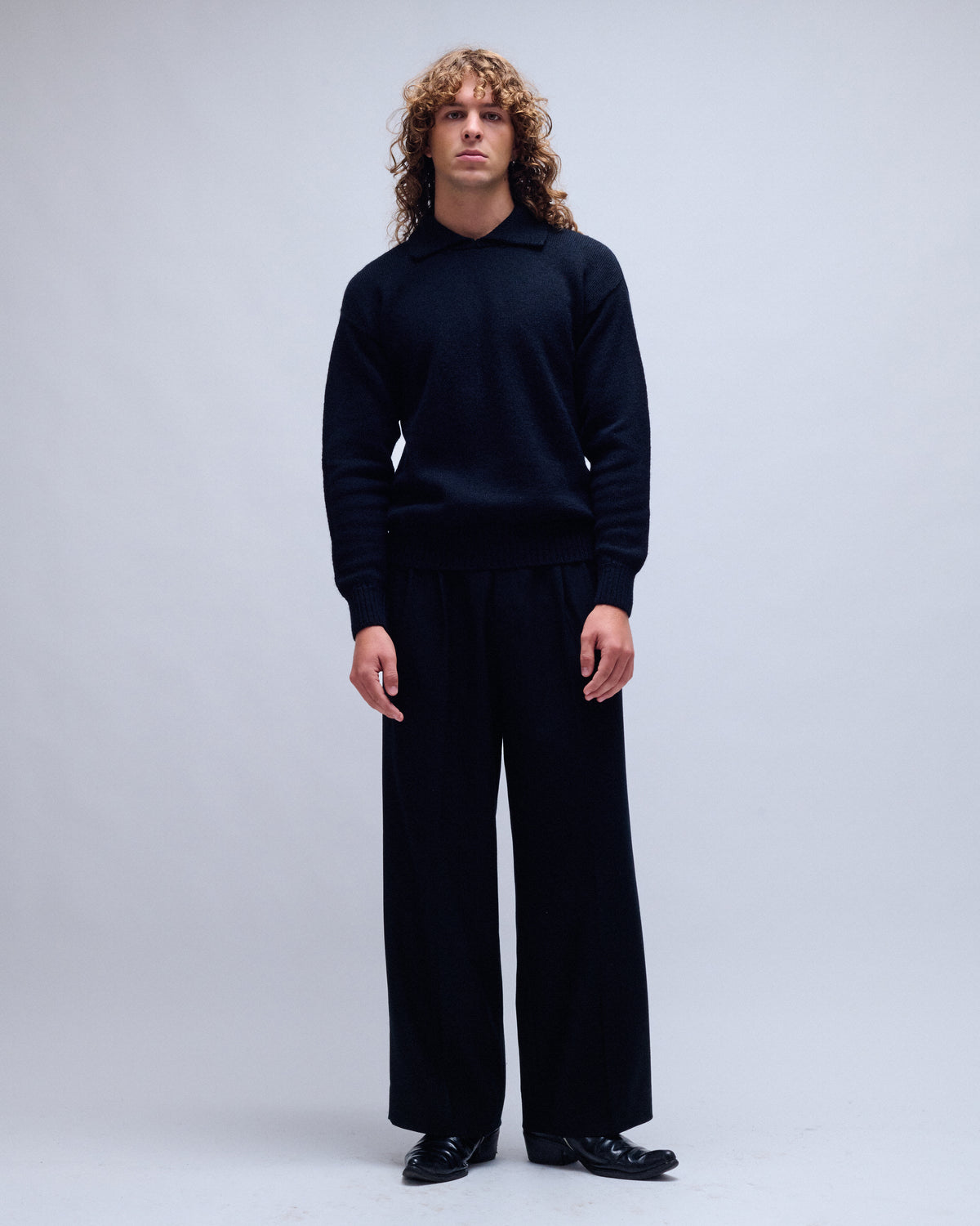 Compressed Flannel Long Wide Trousers