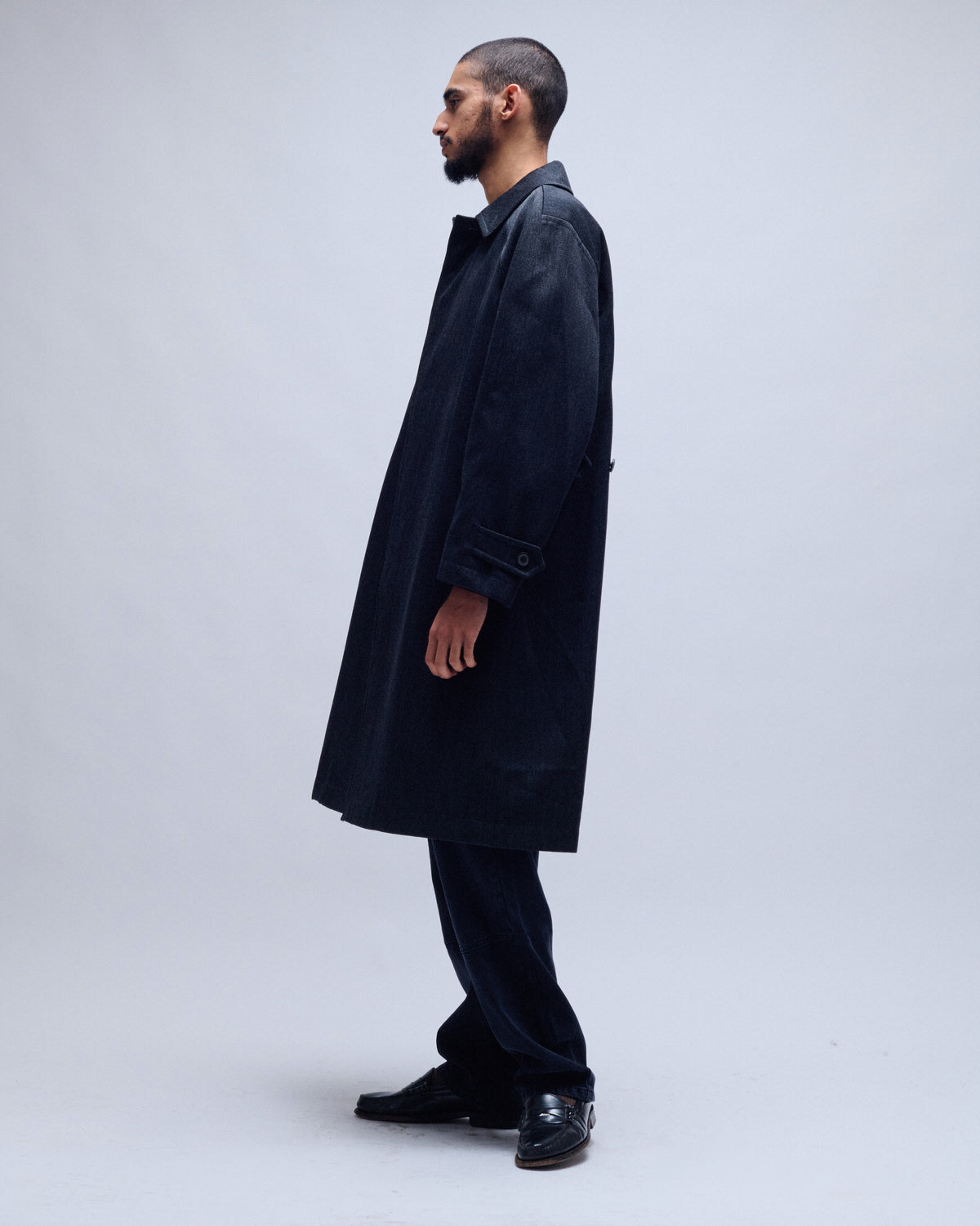 Round Shoulder Leather Trim Wool Balmacaan Coat