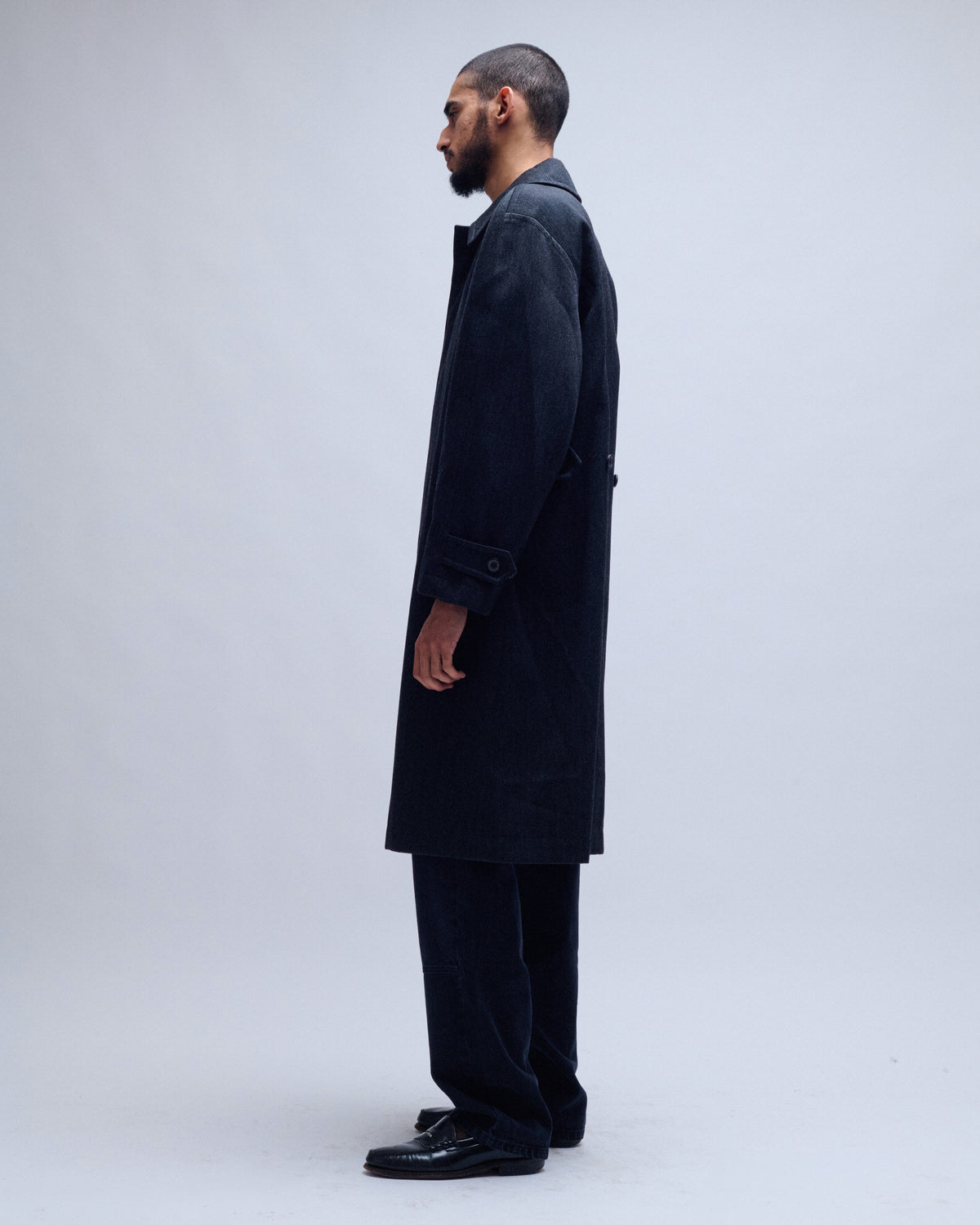 Round Shoulder Leather Trim Wool Balmacaan Coat
