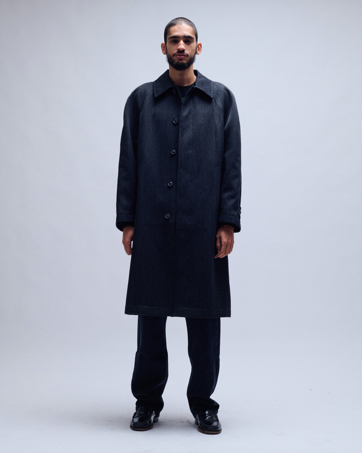 Round Shoulder Leather Trim Wool Balmacaan Coat