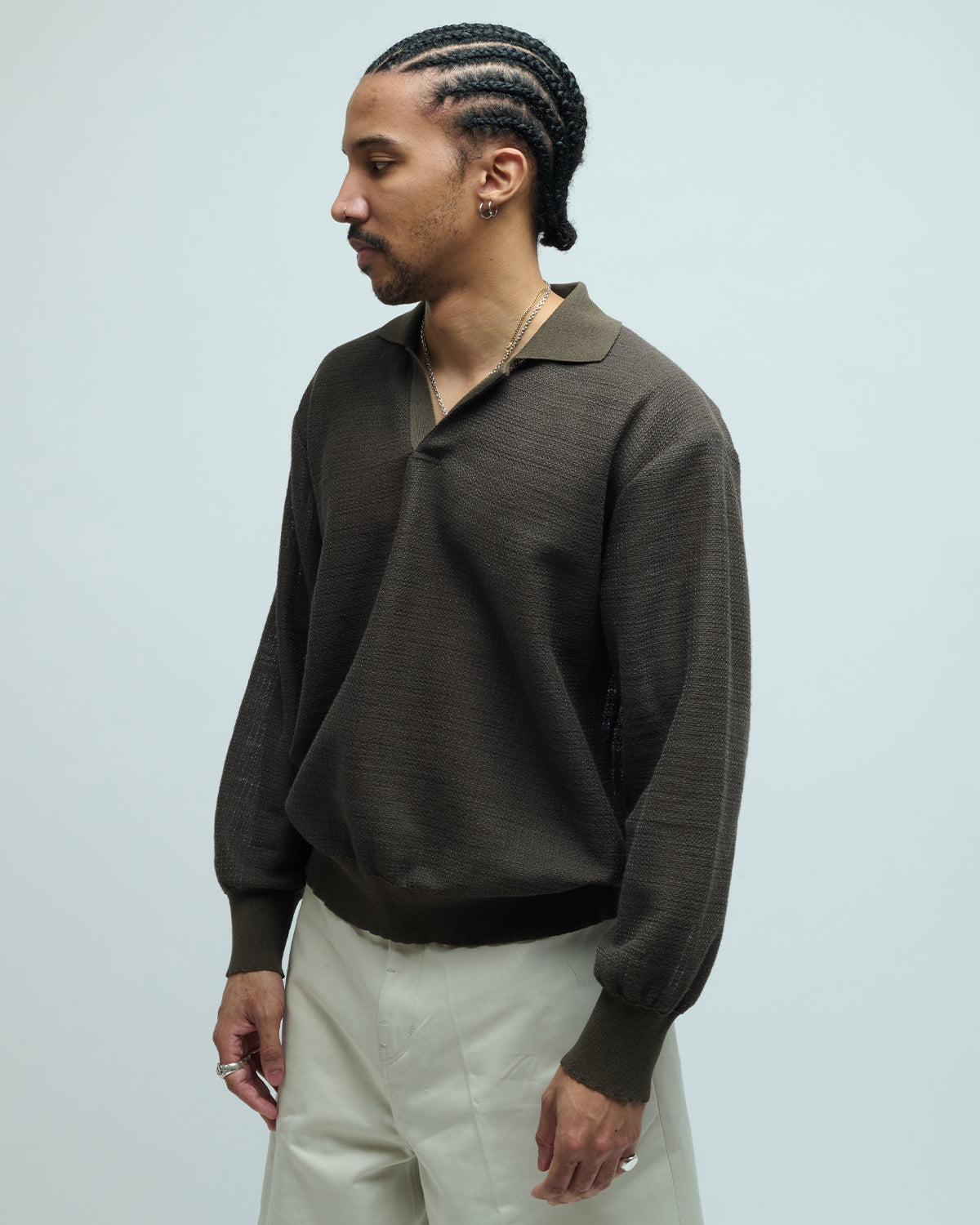 Slub Cotton Knit Skipper Sweater Polo