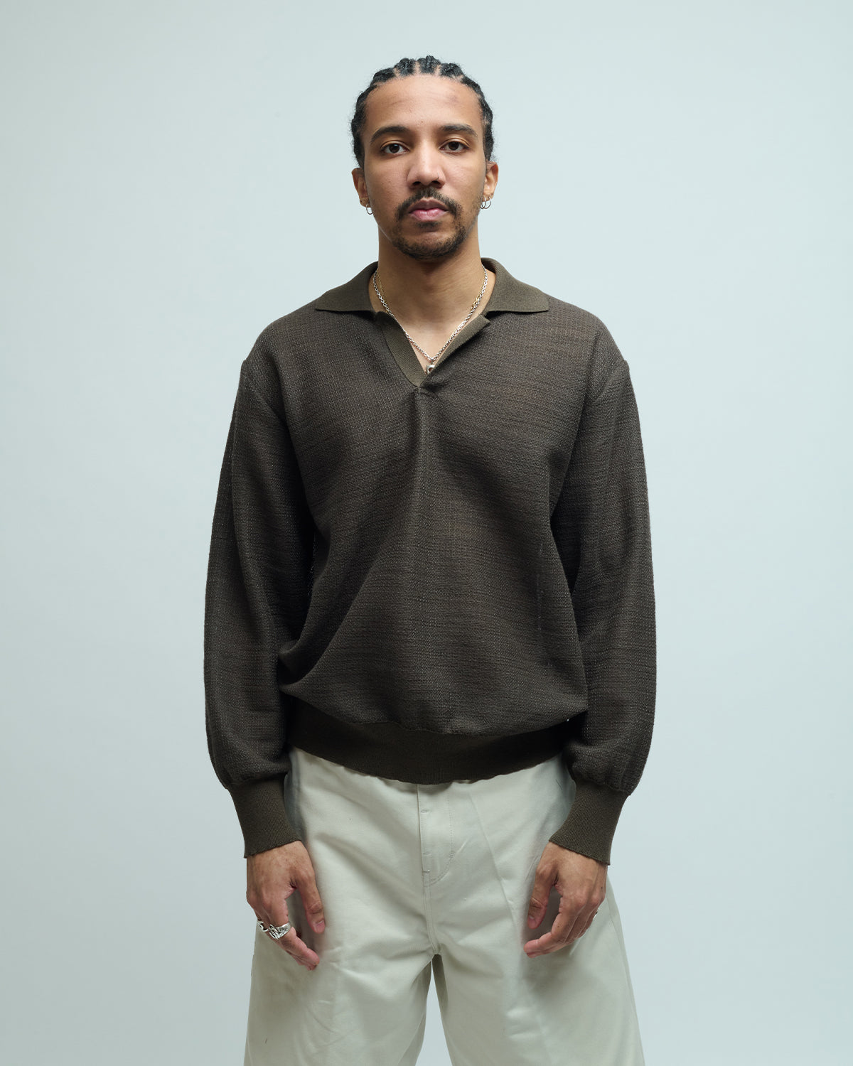 Slub Cotton Knit Skipper Sweater Polo
