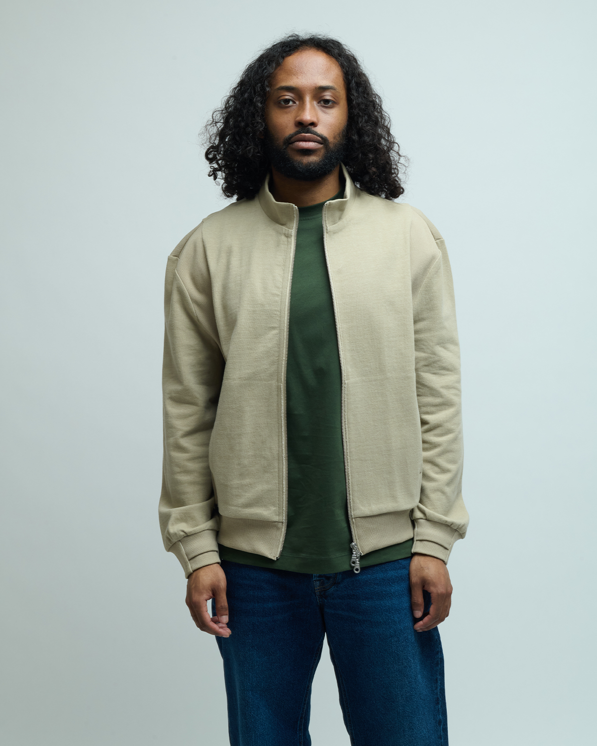 Washed Cotton Stand Collar Mixed Zip-Up