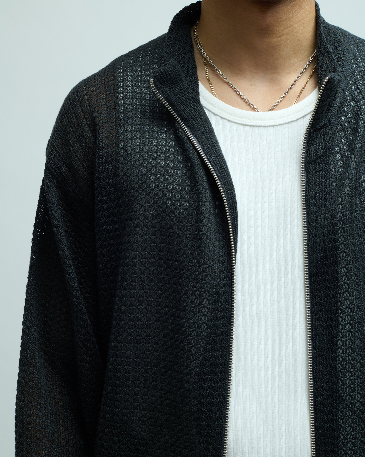 Linen Blend Stand Collar Knit Zip-Up