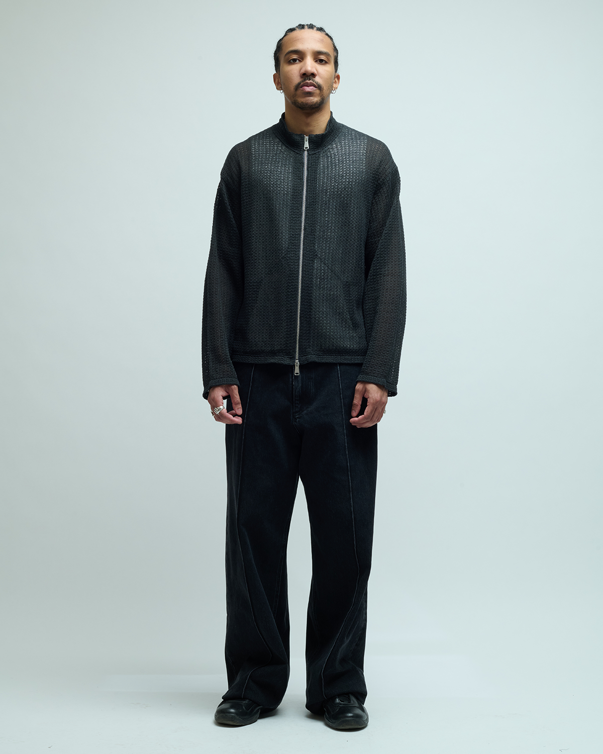 Linen Blend Stand Collar Knit Zip-Up