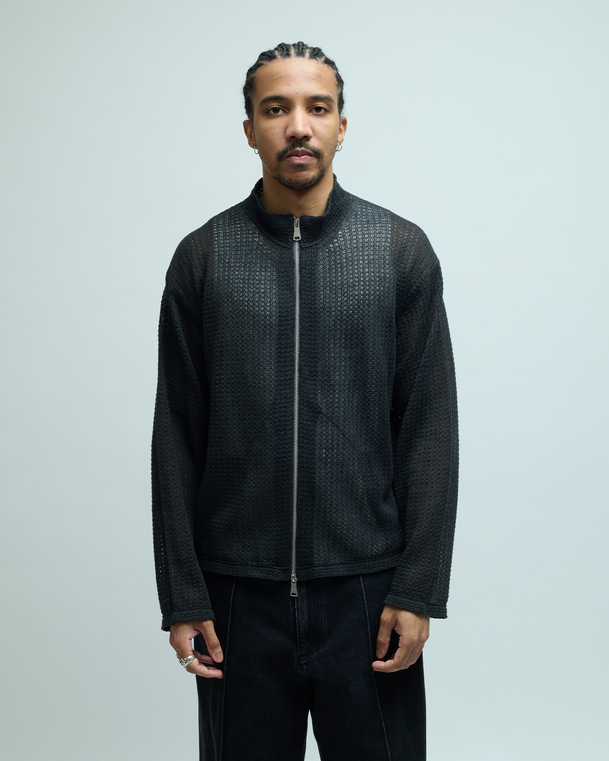 Linen Blend Stand Collar Knit Zip-Up